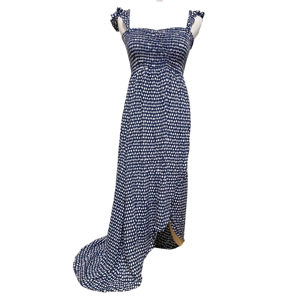 Tiare Hawaii Blue White Smocked Maxi Dress OS Off Shoulder Boho Coastal Resort - Picture 2 of 11